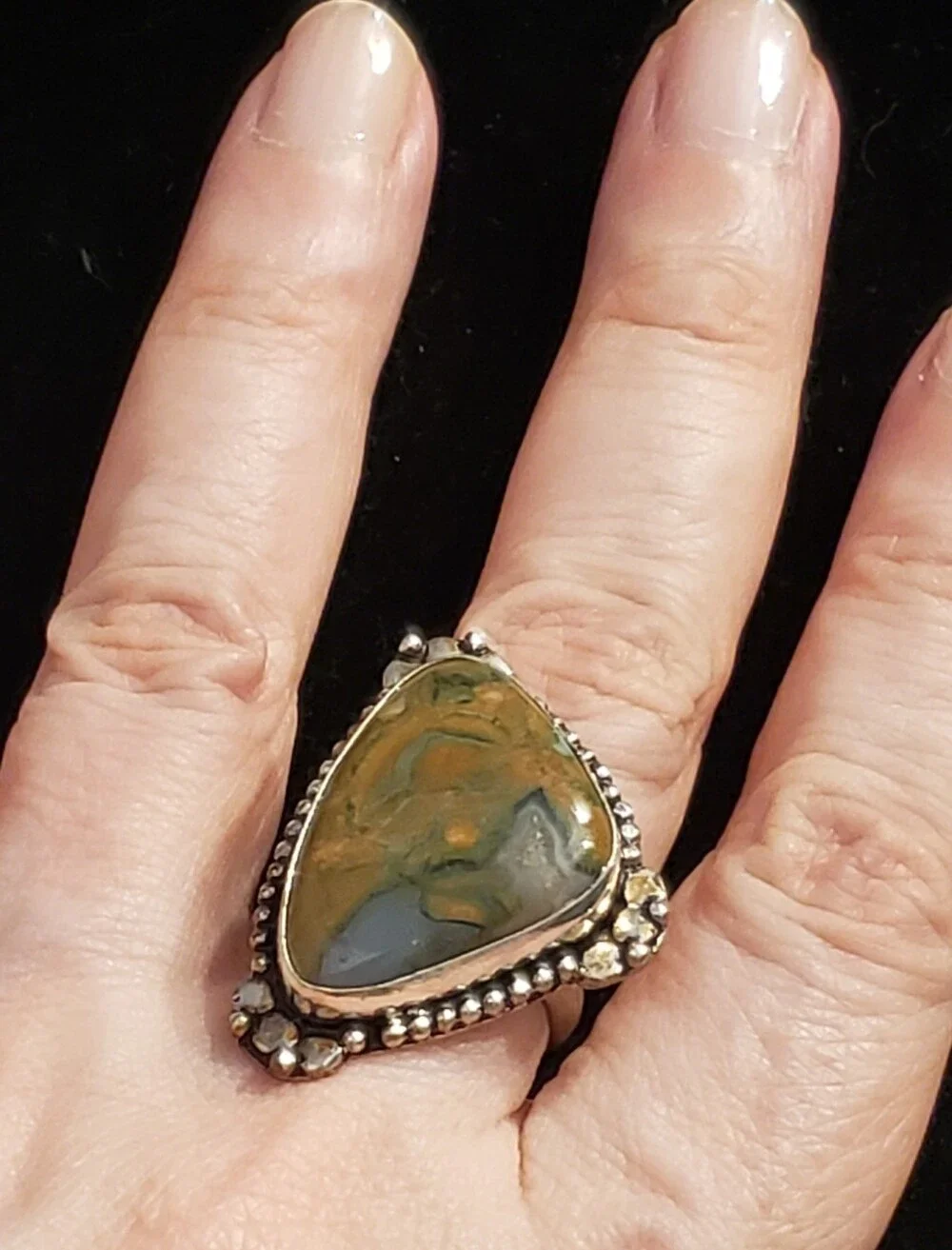 NEW Rainforest Jasper Natural Gemstone, 925 Stamped Ring, Sz 7.5 Abstract Art!
